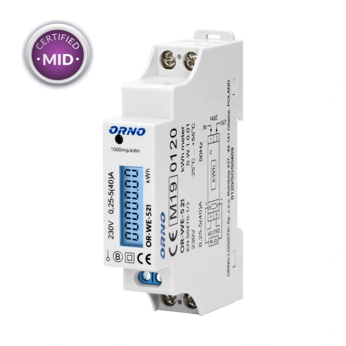 1-fazowy licznik energii elektrycznej, 40A, MID, wyjście impulsowe, podświetlenie, 1 moduł, DIN TH-35mm OR-WE-521
